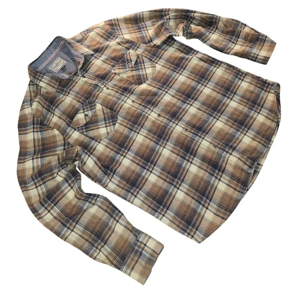 Flag & Anthem Plaid Flannel Shirt Men’s Large Brown Blue Button Front